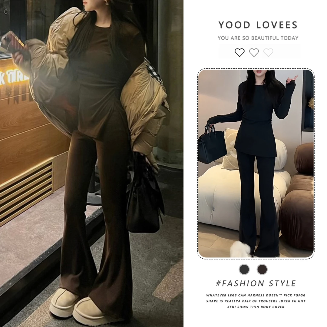 法式洋气时尚慵懒风套装女秋冬新款开叉长袖T恤阔腿微喇裤两件套