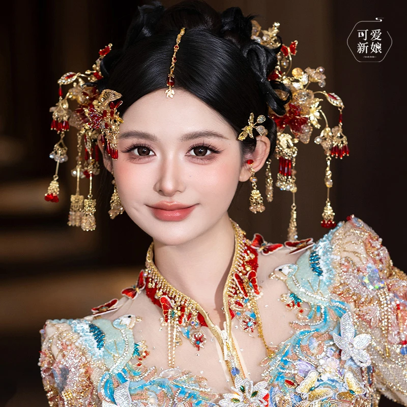 龙凤褂新娘中式头饰金红撞色水凝花朵发簪高级古典秀禾发饰HZ1298