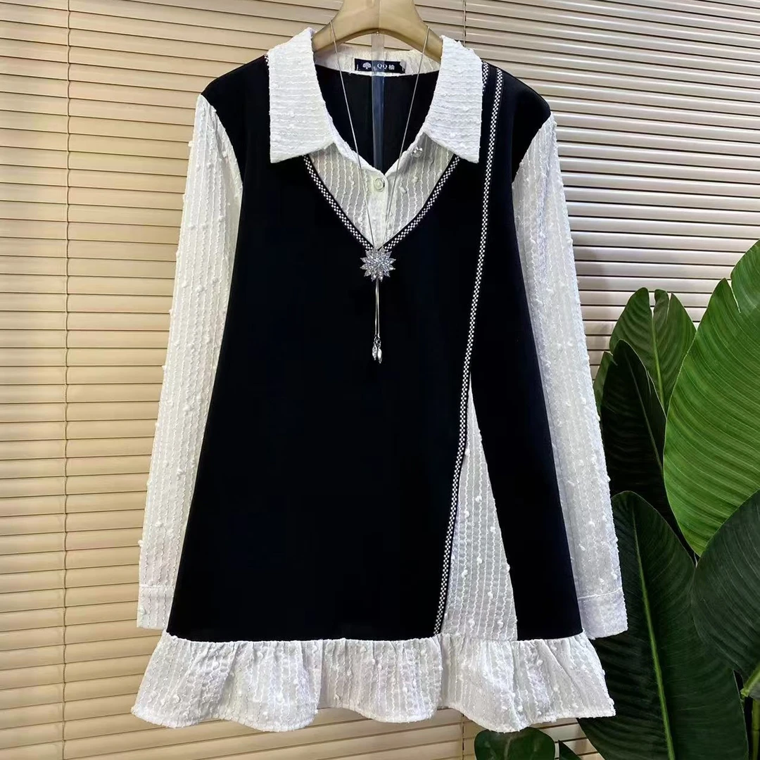 Q胖mm欧货时尚新款秋季翻领洋气设计感假两件衬衫