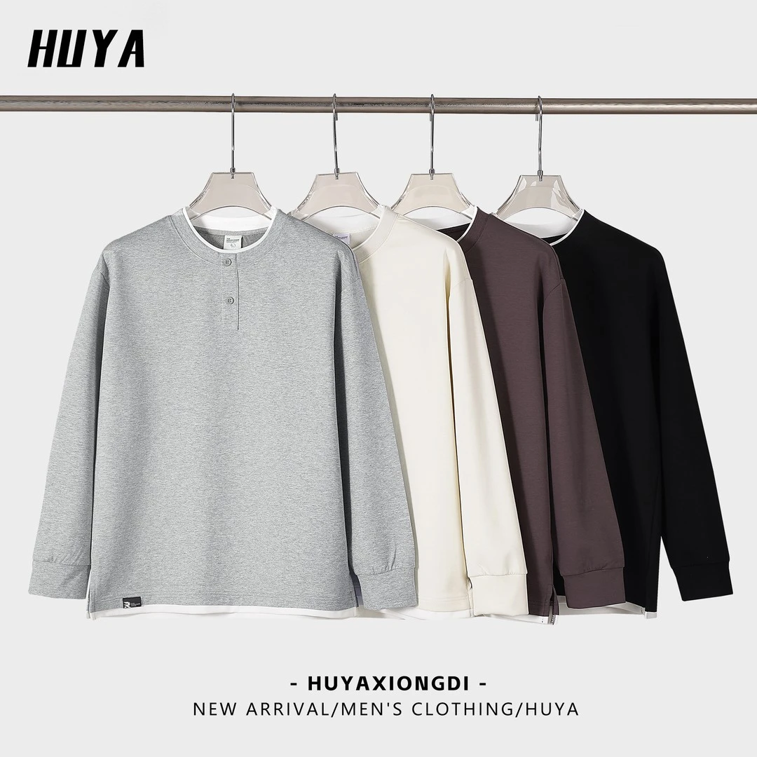 虎牙兄弟卫衣男2025春季新款纽扣圆领纯色宽松百搭情侣长袖Z2511