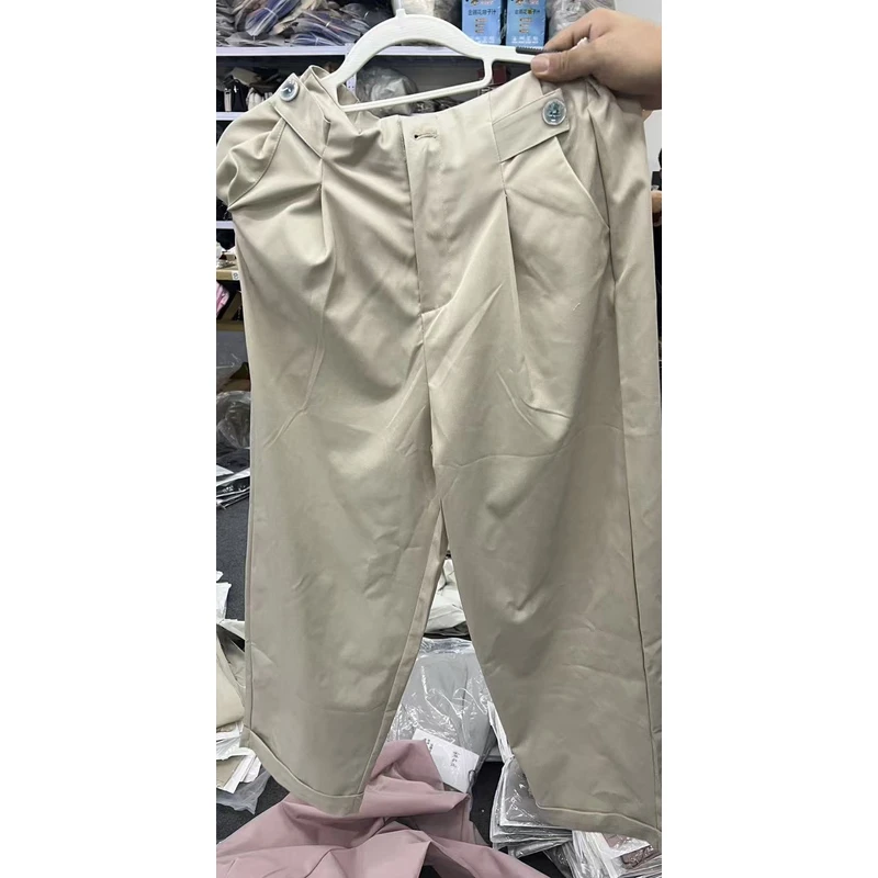 大码简约日系高腰老爹裤女夏季通勤百搭宽松直筒阔腿九分休闲裤潮