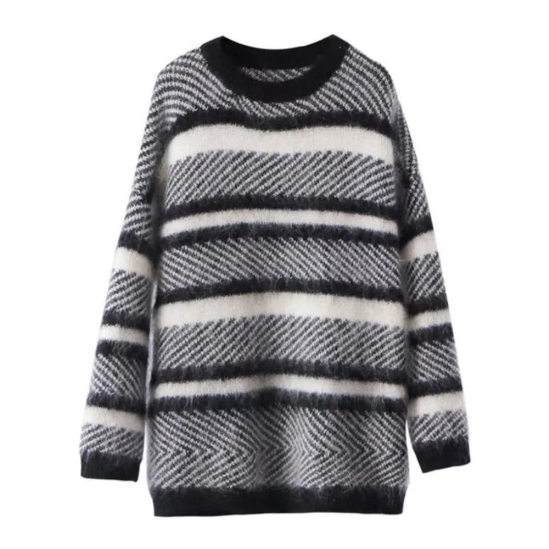 CHUANBAI 马海毛系宽松软糯圆领条纹撞色设计款针织套头衫