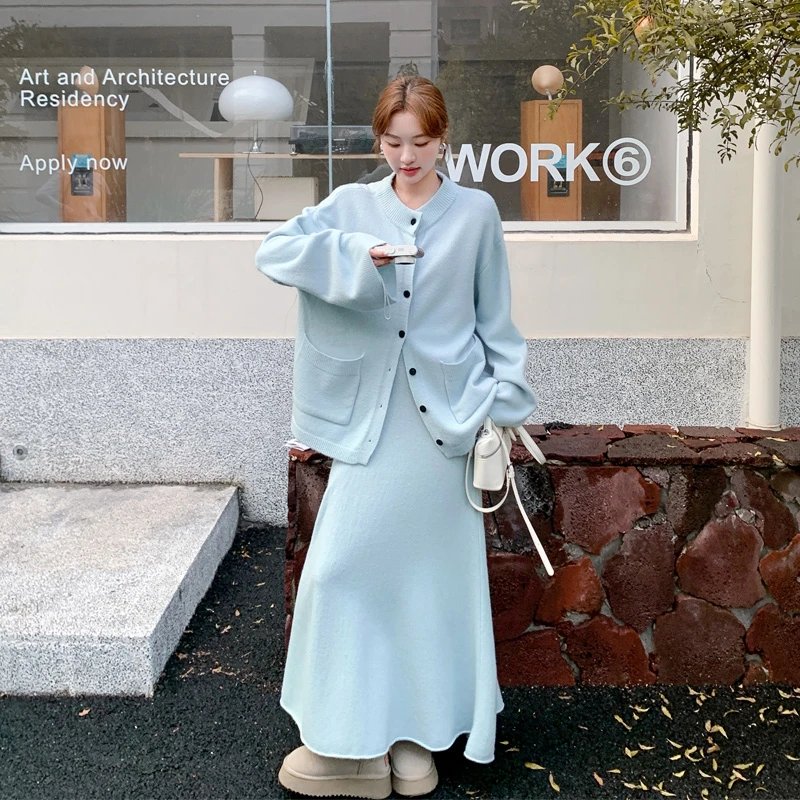 韩系松弛感针织套装裙2025春秋新款ins显瘦慵懒风气质蓝色两件套