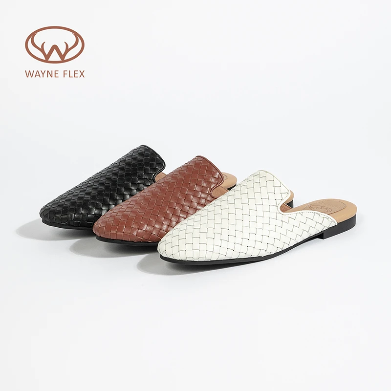 韦恩Wayneflex女编织穆勒拖透气平底圆头包头凉鞋夏季拖鞋5082
