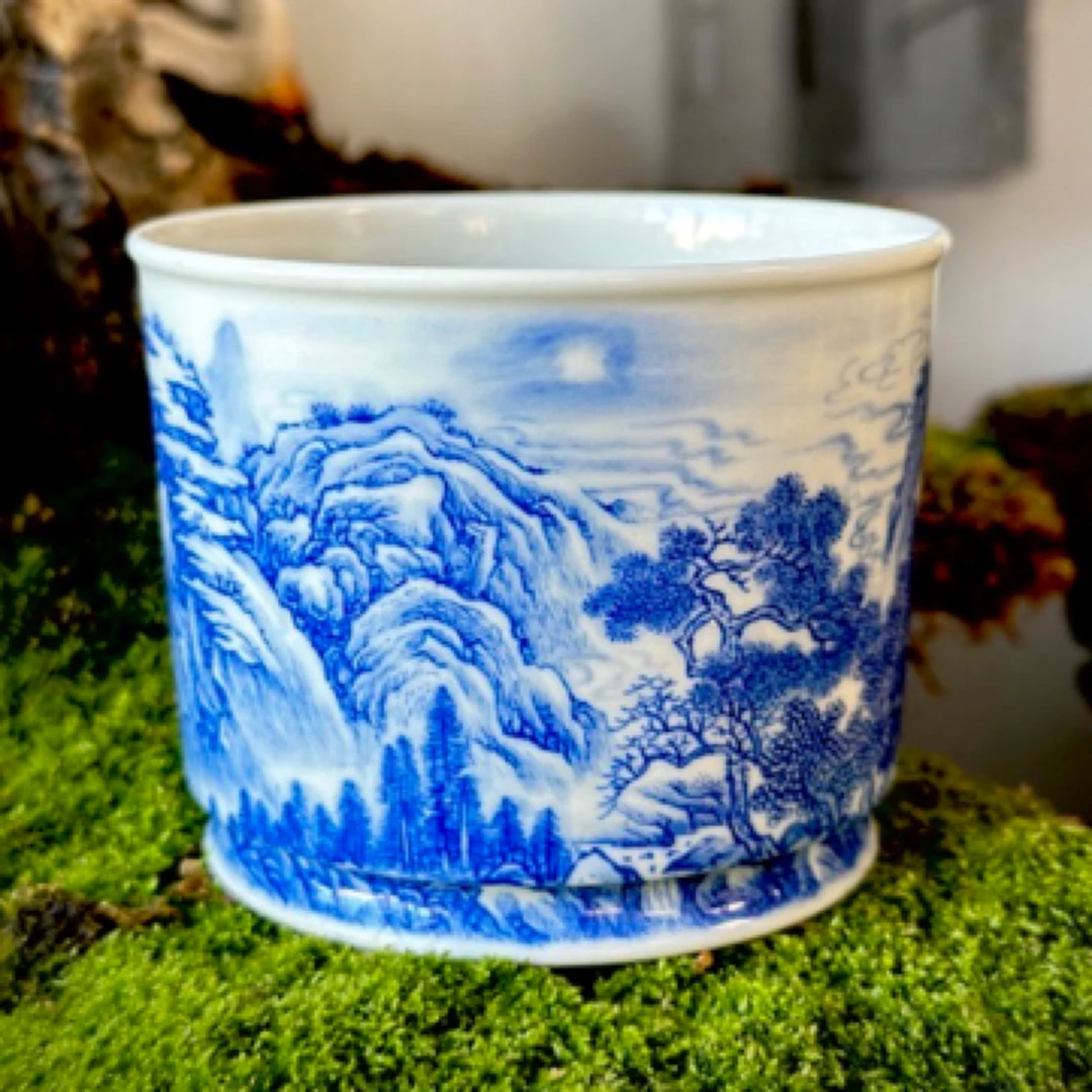 景德镇手工手绘青花山水直口杯茶具大容量主人杯