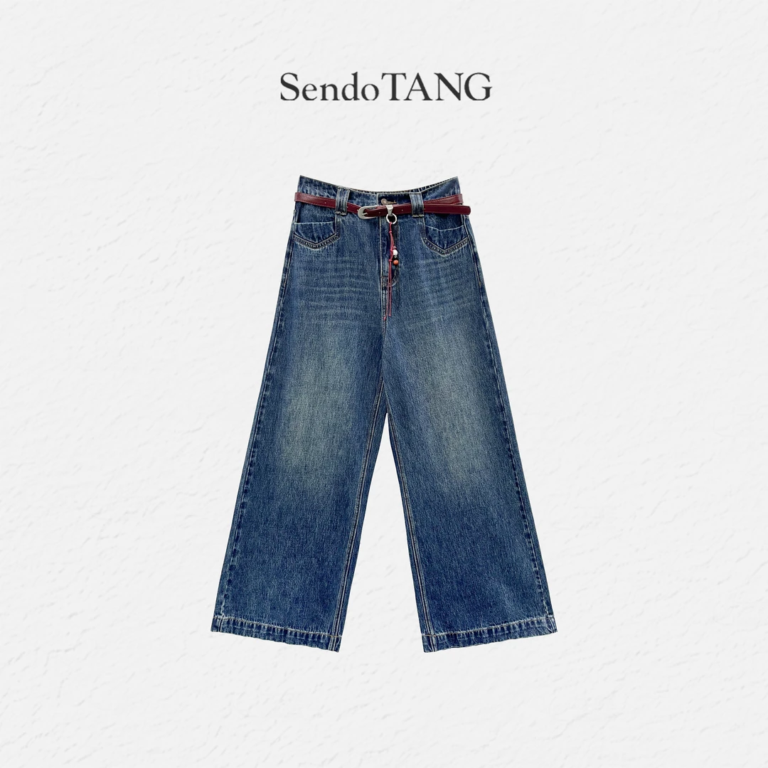 复古水洗高腰牛仔裤胖多女装新款时尚百搭宽松显瘦直筒裤【舒迹】