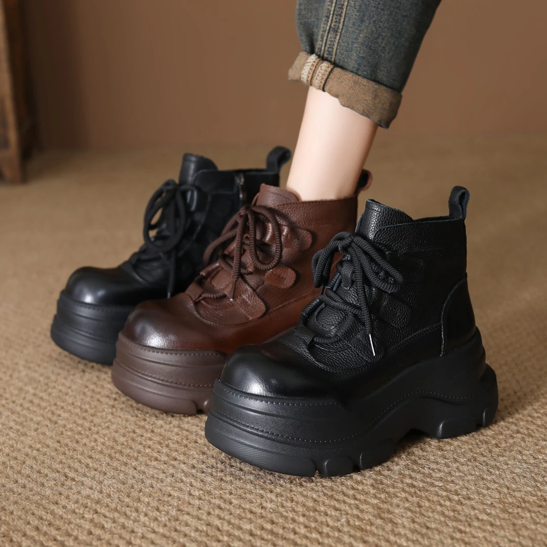 松糕厚底马丁靴女头层牛皮2025新款秋季增高机车短靴小个子真皮潮