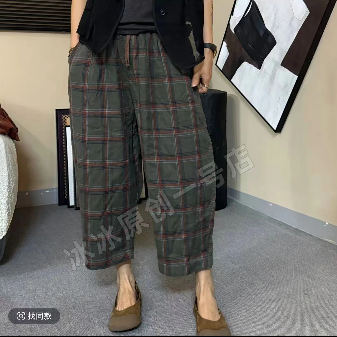 格子棉麻休闲裤女2025夏季新款松紧腰简洁宽松时尚百搭高腰八分裤