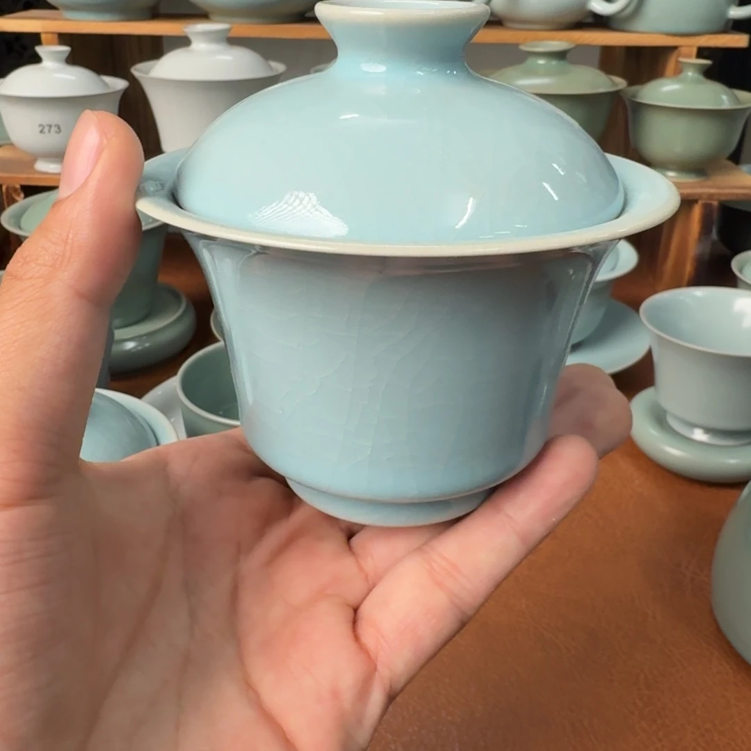 陶摆件福利价微瑕天青两才马蹄盖碗150cc开片