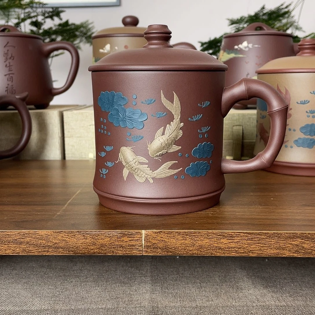 紫砂茶杯竹节杯莲莲有余500cc