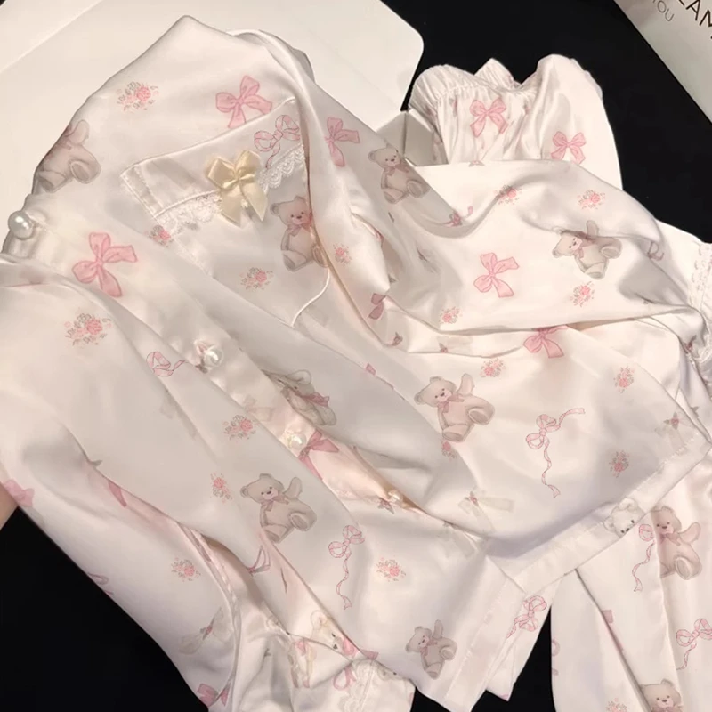 浪莎花边粉小熊睡衣女夏季冰丝款2025新款长袖少女甜美薄款家居服