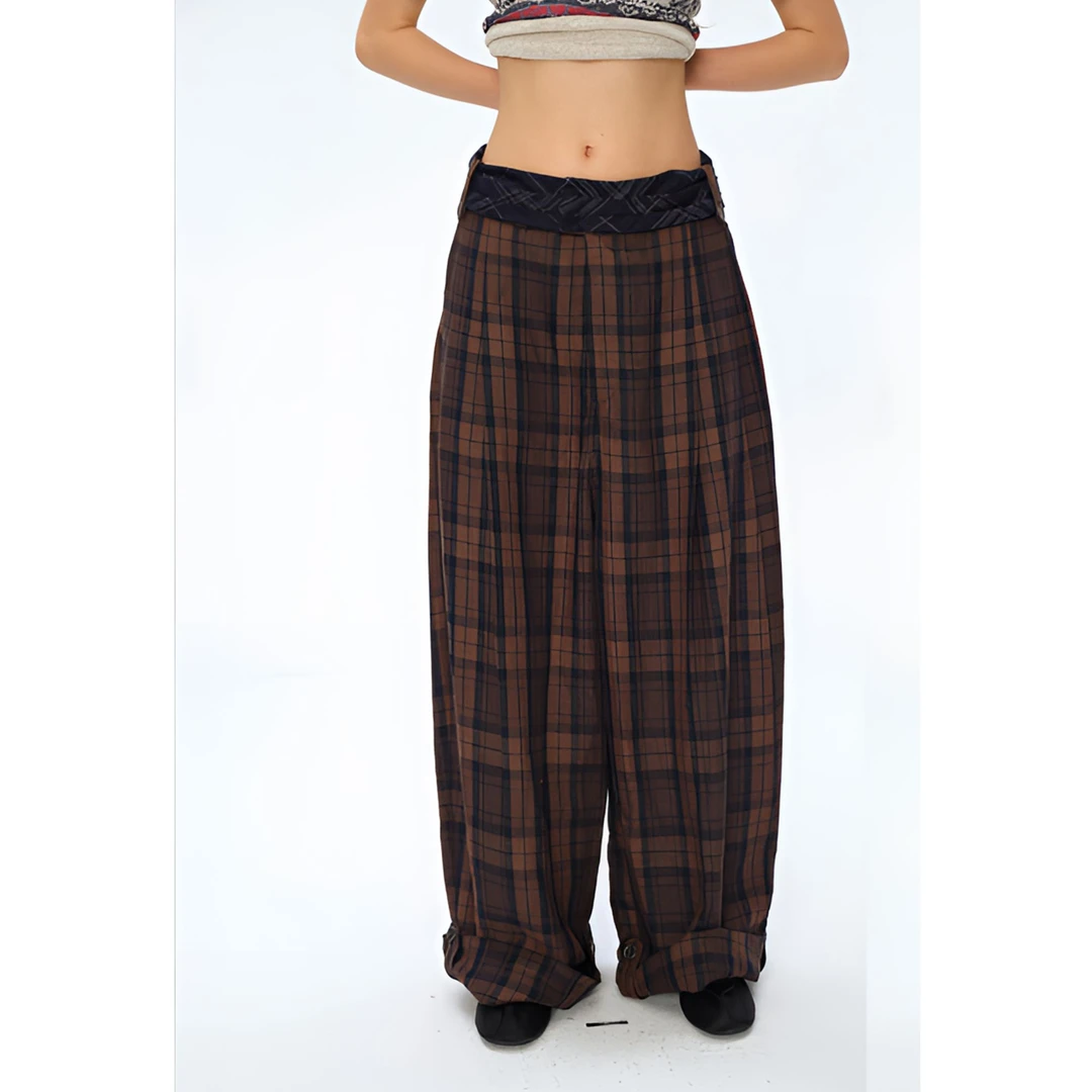 【茉舍】 Square Circle 复古格子直筒阔腿裤女Y2025SS004-1390