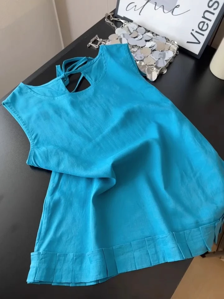 1200蓝色纯棉材质无袖背心女夏季2025薄款花边娃娃衫上衣衬衫女