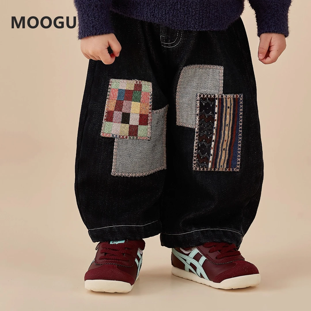 moogu男童秋冬款加绒牛仔裤2025新款儿童裤子宝宝直筒裤MGLF5029