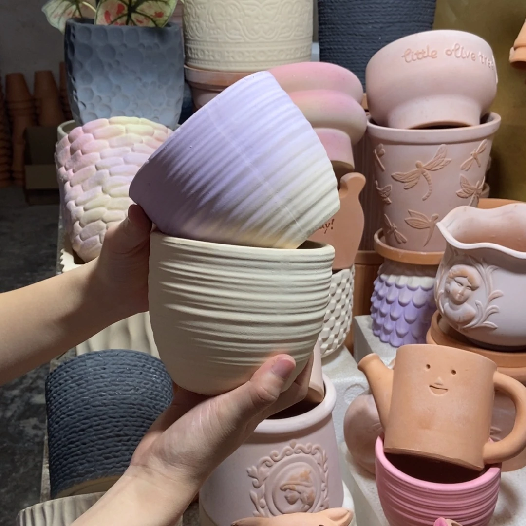 12×10拉丝盆 粉+紫 粗陶2个