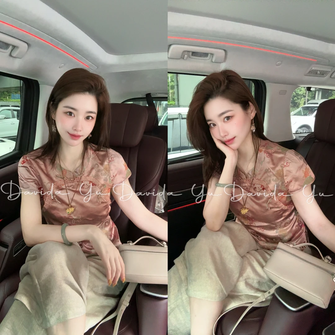 【石榴】丝绸般柔滑光泽 质地舒适 透气富贵短袖 YC0289