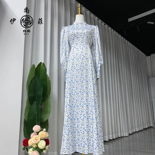 625伊尚菲蓝色碎花连衣裙气质显瘦设计长袖收腰温柔风高个子长款