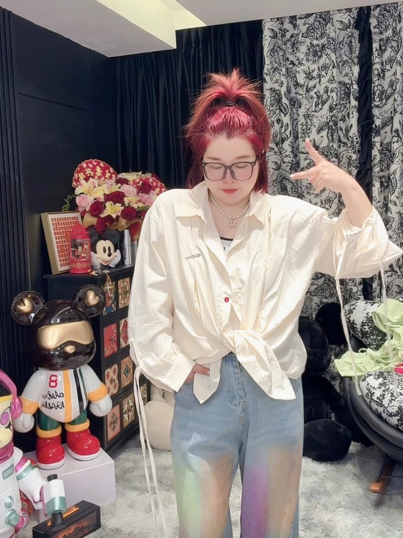 涵涵家~新款彩色纽扣系带长袖防晒衬衫女+吊带背心两件套