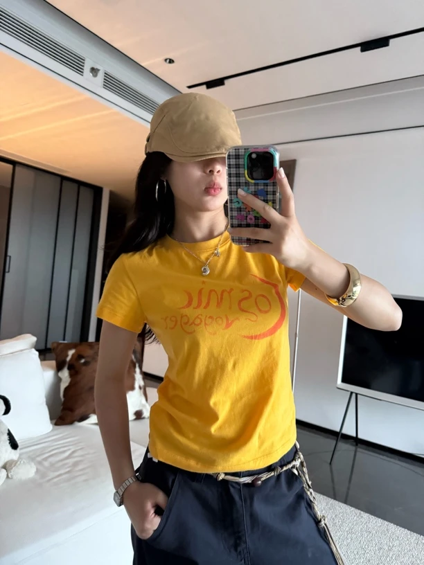 JYZSEASON美式辣妹橘色花卉印花正肩短袖T恤女夏季显瘦上衣