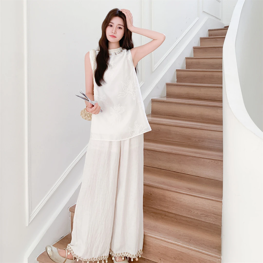 白色网纱拼接上衣休闲阔腿裤两件套女2025夏季新款今年流行松弛感