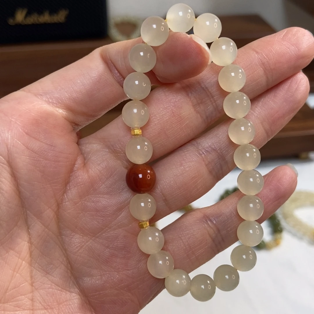 和田玉18K金镶嵌手链蜂蜜水8mm高冰底精品