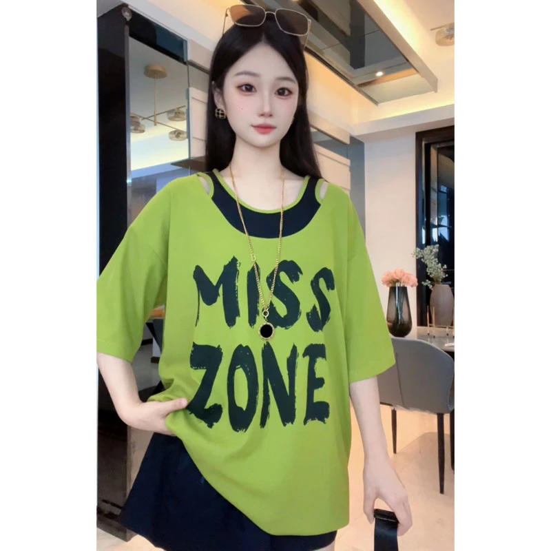 夏季新款假两件镂空显瘦女T恤短袖重工设计字母休闲宽松韩版时尚