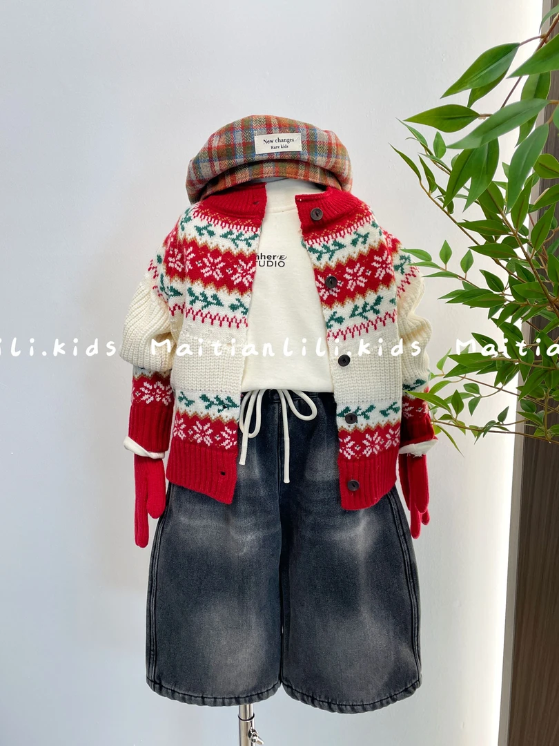 麦田里里.男童针织开衫2025冬新款儿童雪花提花毛衣喜庆拜年服