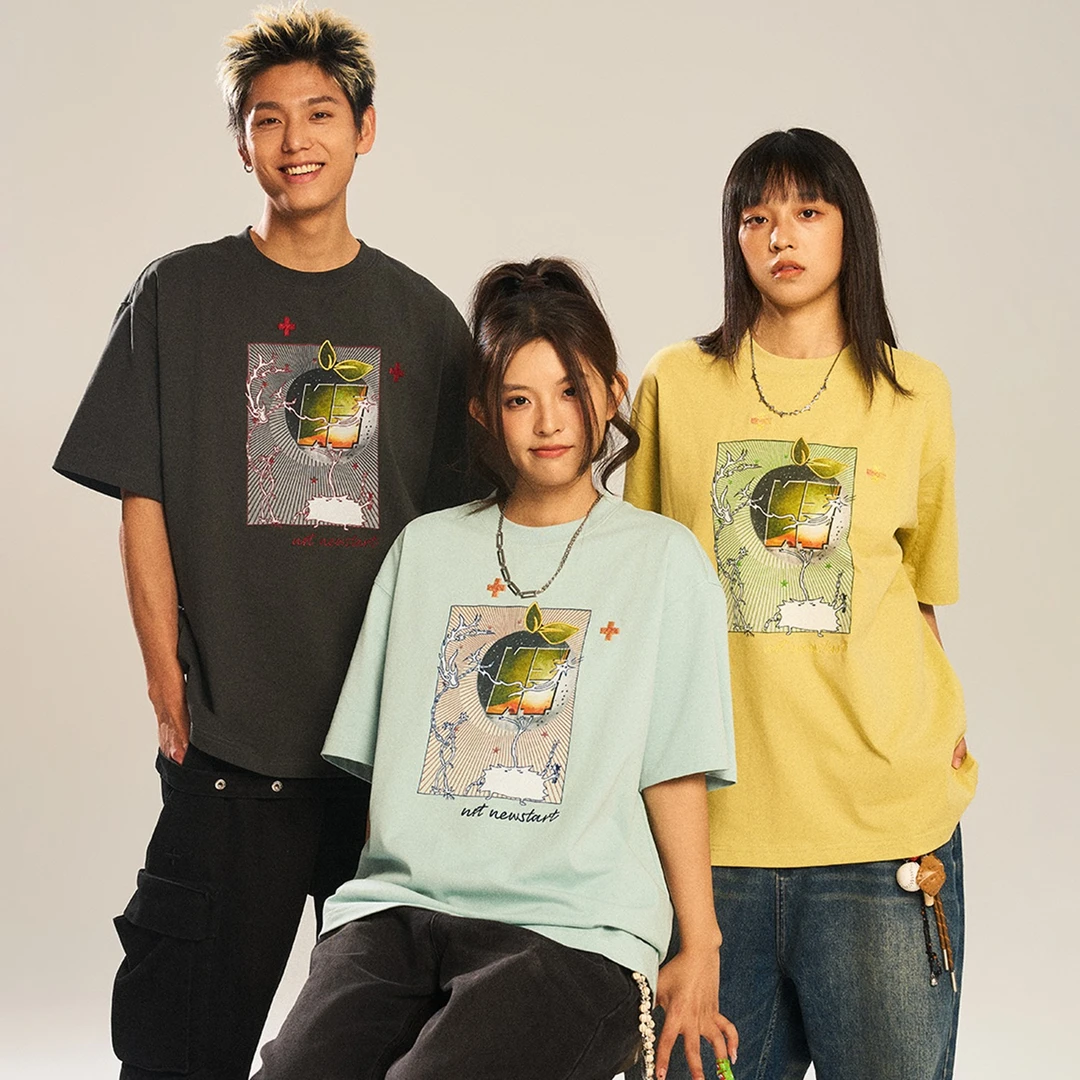 NSTNEW START发芽计划潮牌苹果印花宽松休闲百搭情侣款短袖t恤男