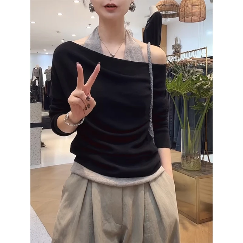 法式小众打底衫内搭T恤女2025秋季新款气质显瘦挂脖吊带拼接上衣