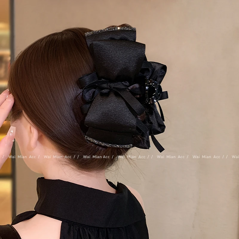 韩国超大号黑色抓夹女网红复古蝴蝶结盘发夹新款后脑勺鲨鱼夹头饰