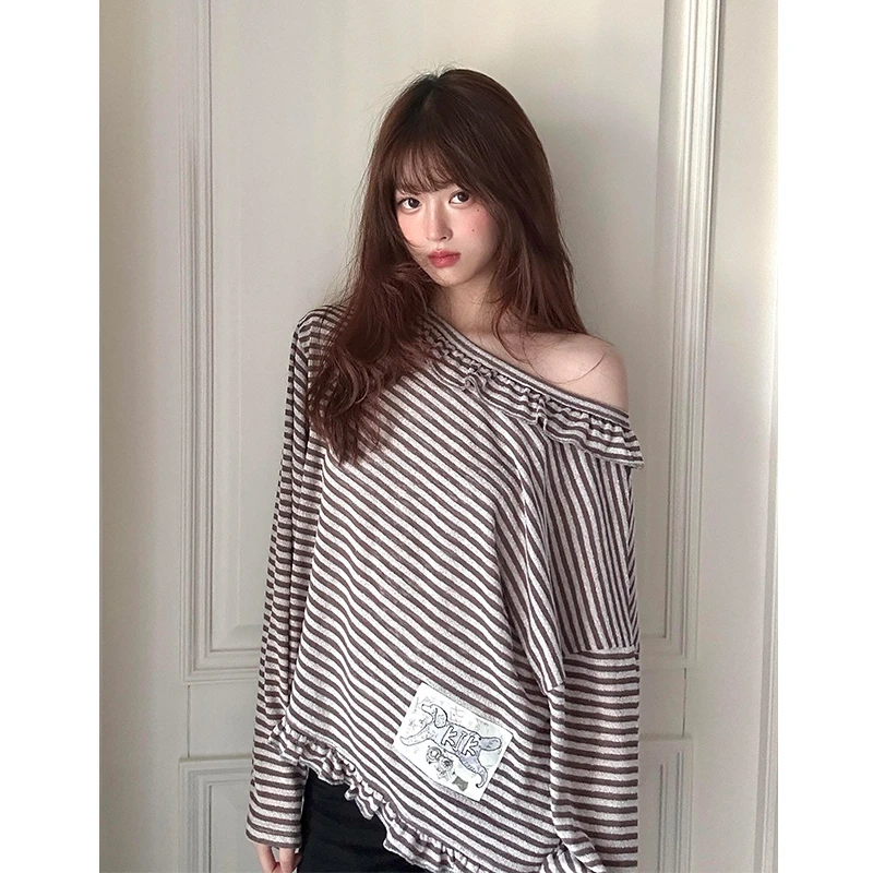 【珂塔芙】花边条纹斜肩长袖t恤女早秋宽松设计感小众休闲百搭上衣