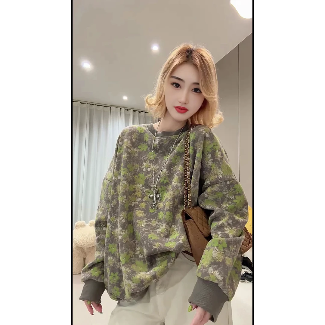 东大门复古碎花圆领套头款丹宁风女印花卫衣复古秋冬休闲韩版