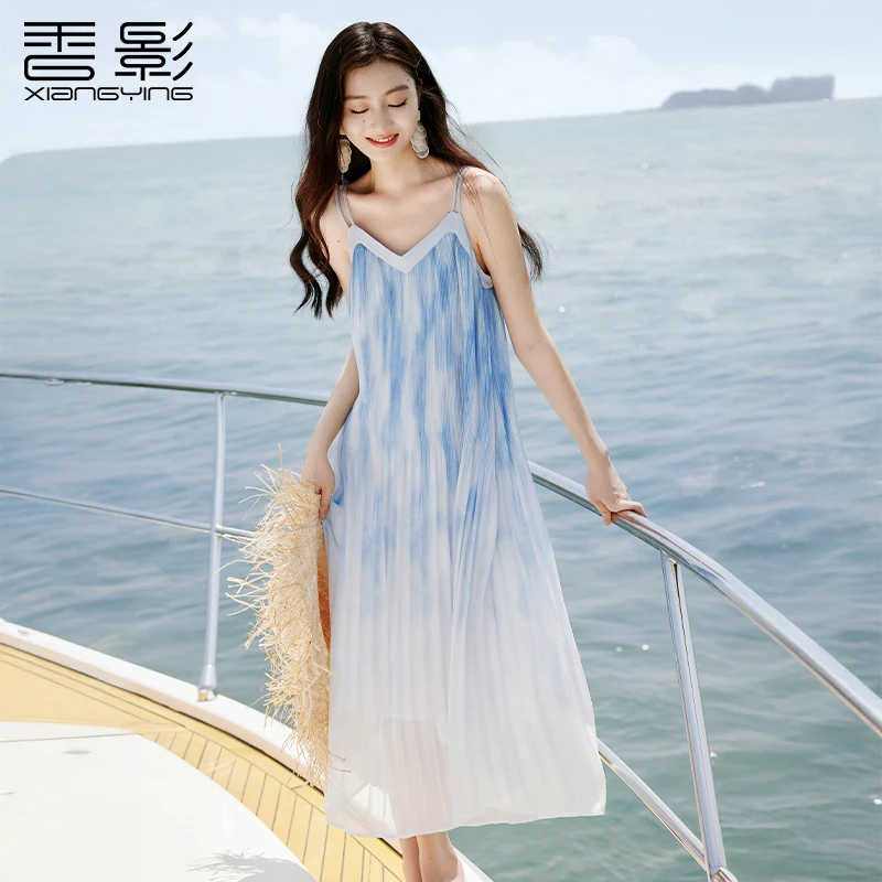【直播专享】L85S636连衣裙 香影定位压褶渐变晕染吊带连衣裙女