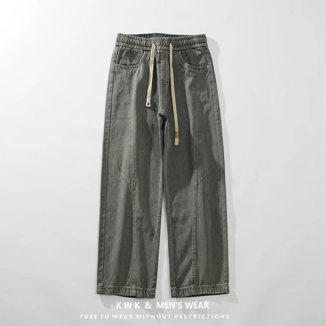 复古拼接牛仔裤男士新款美式痞帅潮牌宽松直筒工装显瘦松紧腰长裤