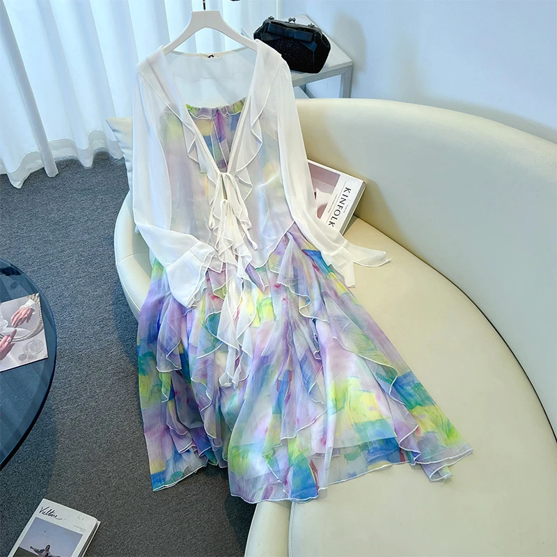 【66842】130-350斤大码女装胖mm外搭开衫+吊带连衣裙套装夏季新款