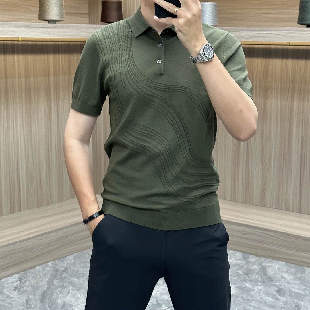 2025夏季新款冰丝男士重工针织轻奢纹理简约百搭翻领时尚Polo衫