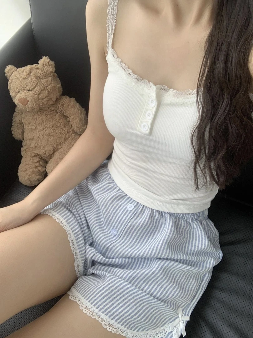 莫代尔带胸垫一体夏天睡衣女夏季吊蓝色条纹短裤甜美可外穿家居服