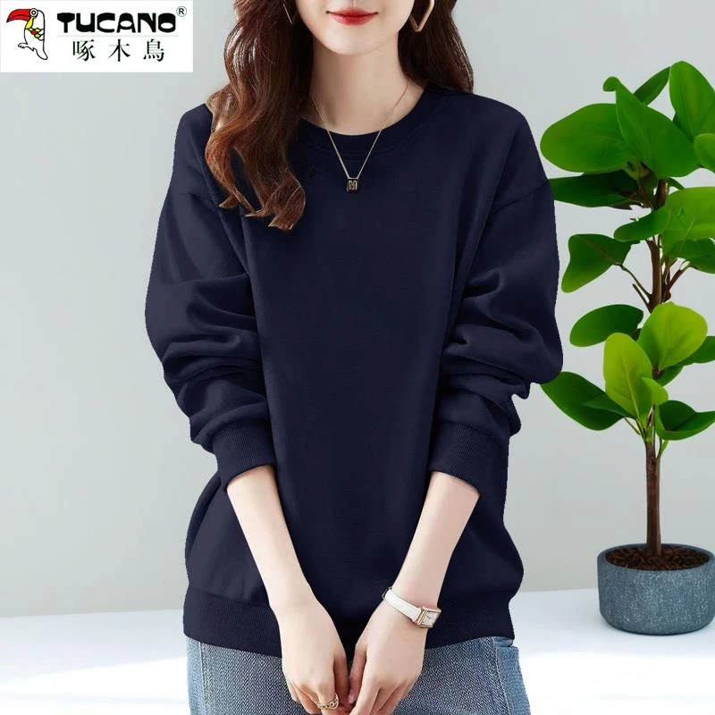 啄木鸟圆领卫衣女秋冬新款宽松大码修身显瘦韩版长袖开叉休闲上衣