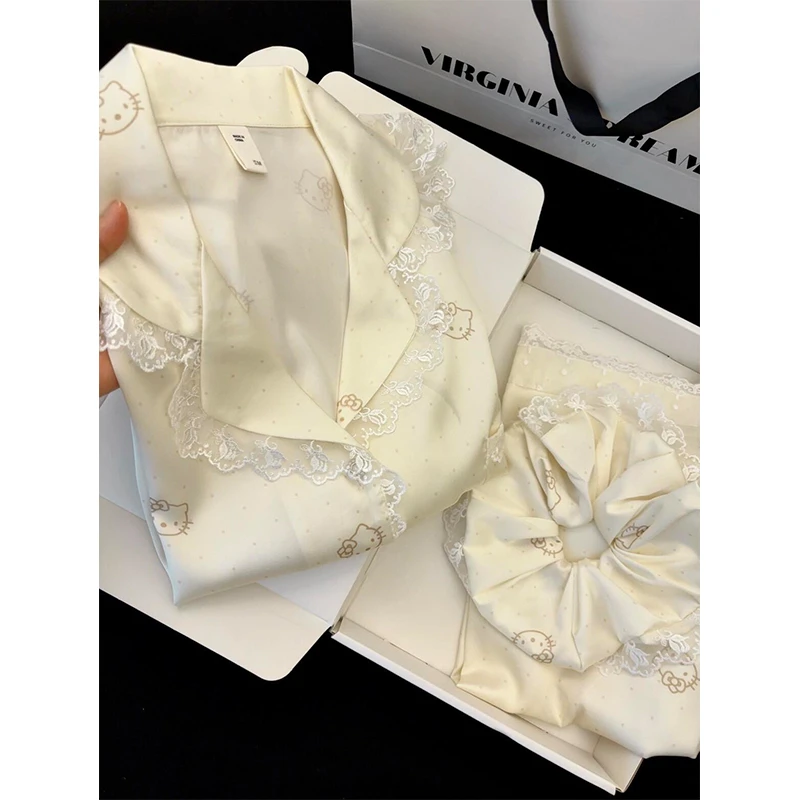 法式甜美波点蕾丝边Kitty印花睡衣女春秋新款长袖长裤家居服套装