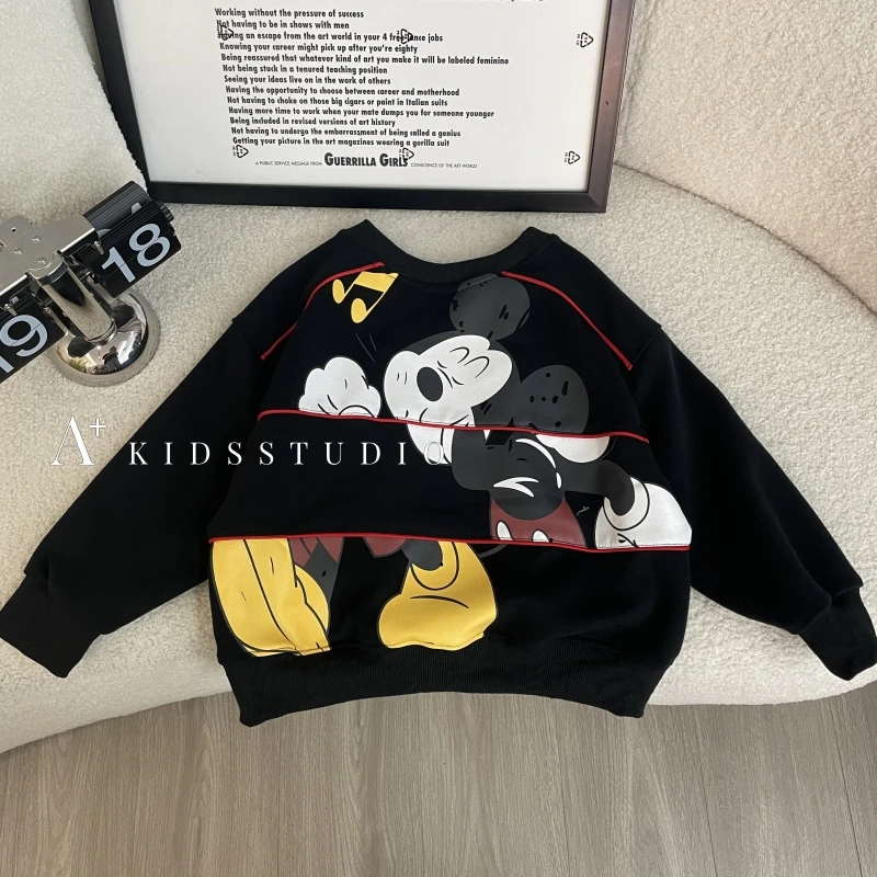 卡通趣味童装拼接米奇卫衣男童春装上衣2025新款春秋款男孩圆领衫