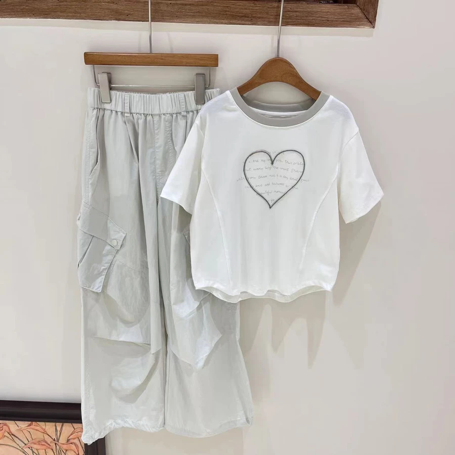 夏季女大童短袖套装女童百搭宽松T恤+工装裤两件套-SU245