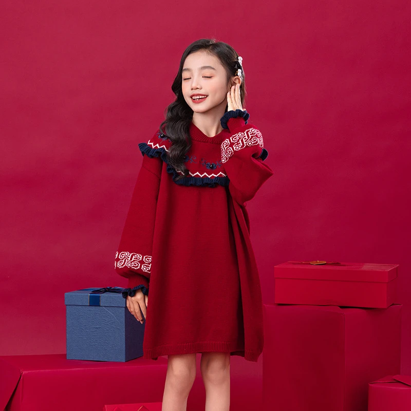 2025女童童装针织连衣裙红色新年中长裙中式女孩中国风中长款