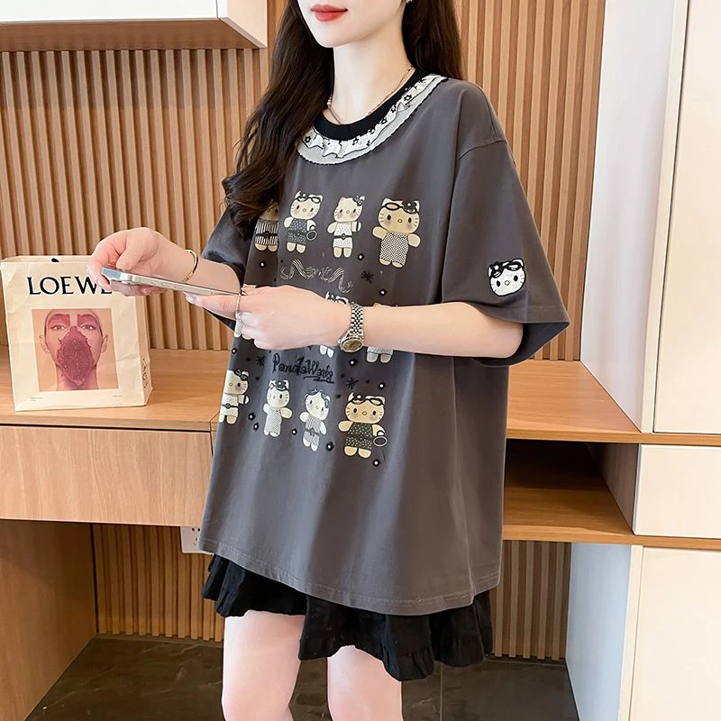 夏季时尚蕾丝圆领短袖T恤女韩版宽松ins大码百搭显瘦休闲纯棉上衣