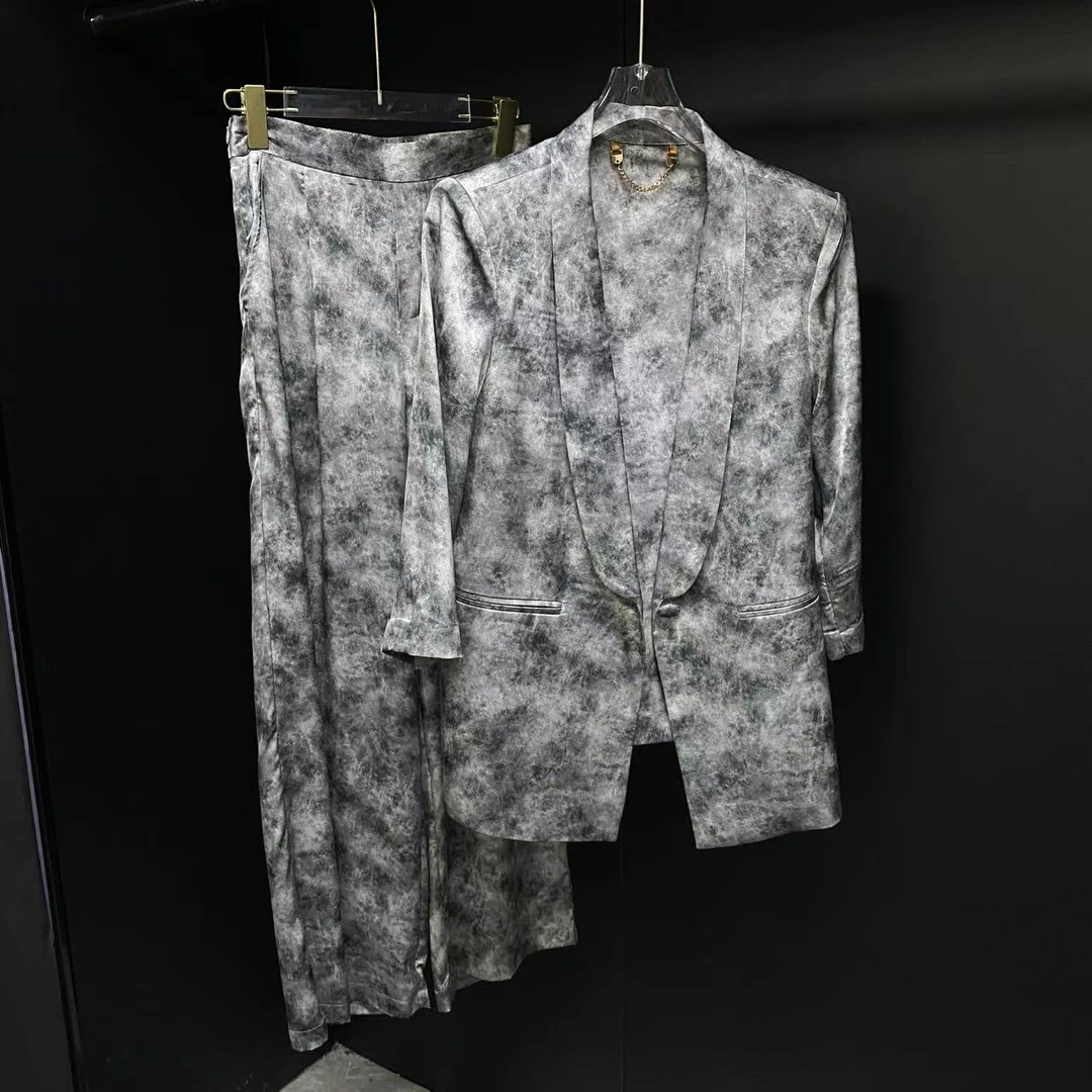 【K姐高定女装】复古印花2024新品 轻奢气质显瘦时尚西装套装24A2