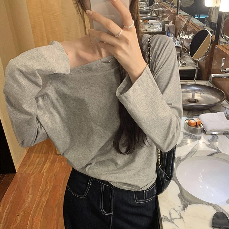 慵懒风一字肩长袖T恤女露肩早秋季辣妹宽松显瘦灰色斜肩薄款上衣