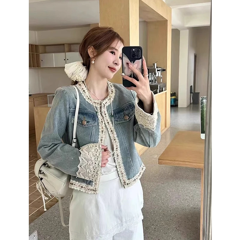 欧洲站2025春季新款时尚蕾丝拼接重工钉珠牛仔外套女短款百搭复古