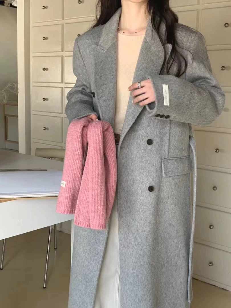 【独在】戗驳领中长款双面羊毛女款外套