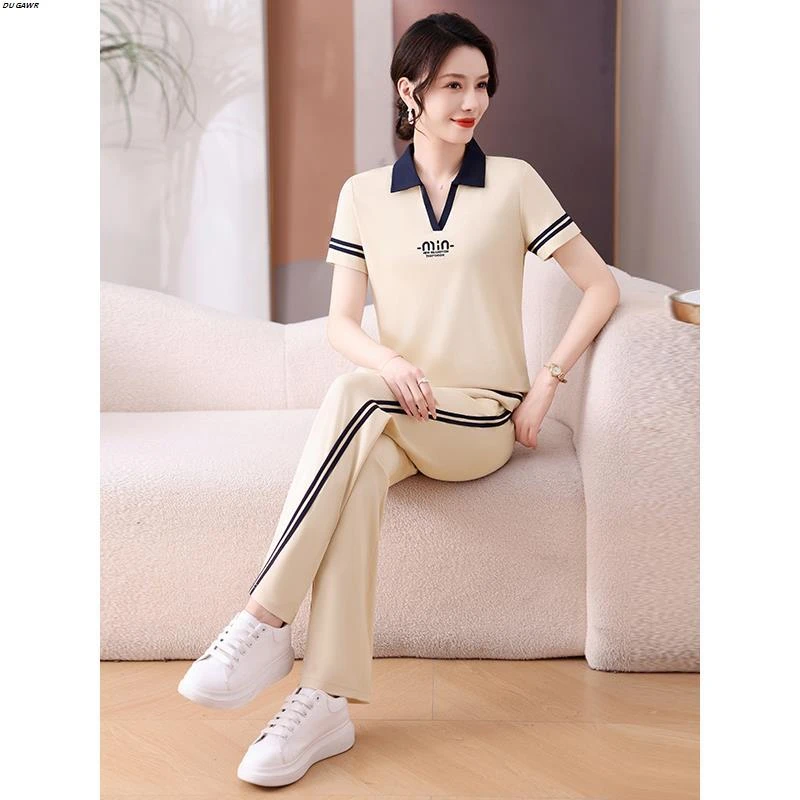 休闲运动套装女士夏季翻领2025新款冰丝速干小个子妈妈洋气两件套