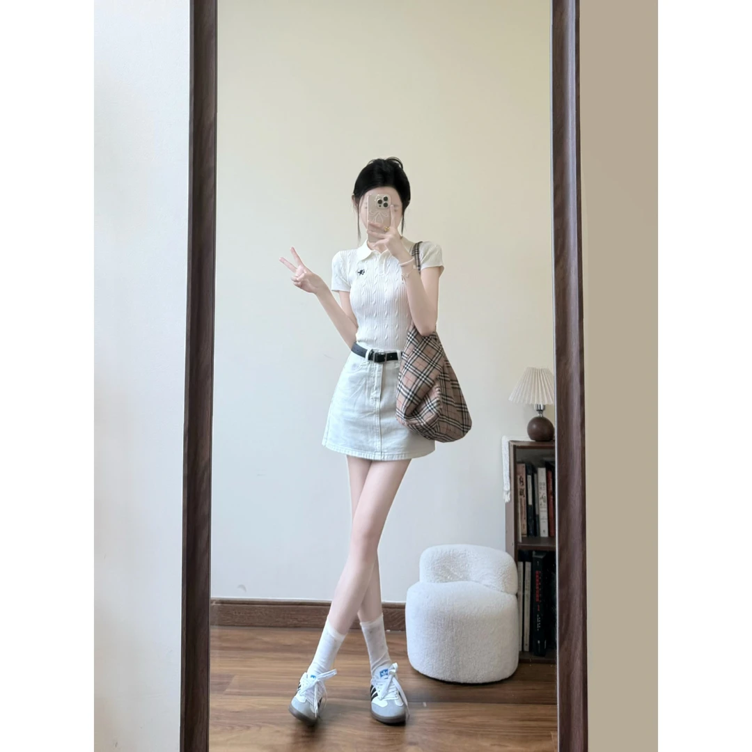 MARIE.COCO通勤纯欲风POLO领针织短袖上衣时尚洋气工装短裙两件套