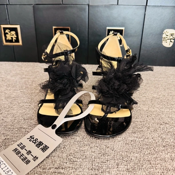 99新 Chanel/香奈儿 蕾丝山茶花T字黑夹趾高跟凉鞋37码YSC1182